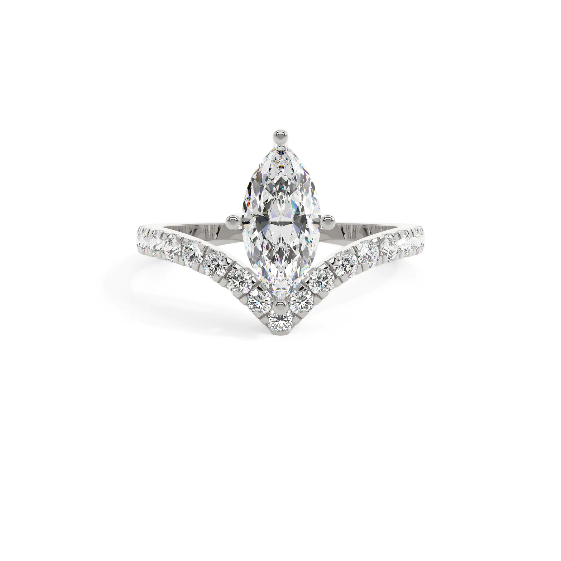 18k White Gold Marquise V Shank Solitaire Engagement Ring
