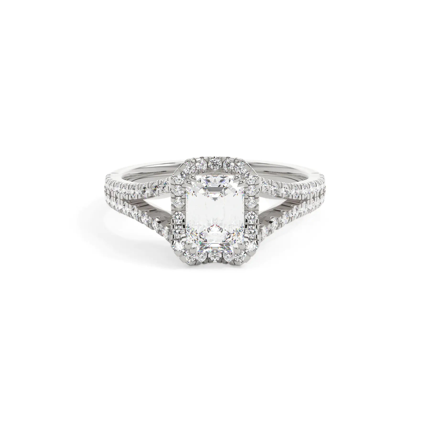 18k White Gold Emerald Split Shank Halo Engagement Ring