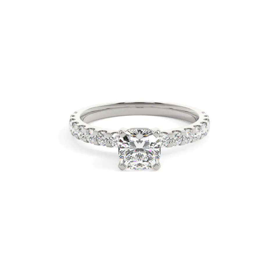 18k White Gold Cushion Solitaire With Side Stones Engagement Ring