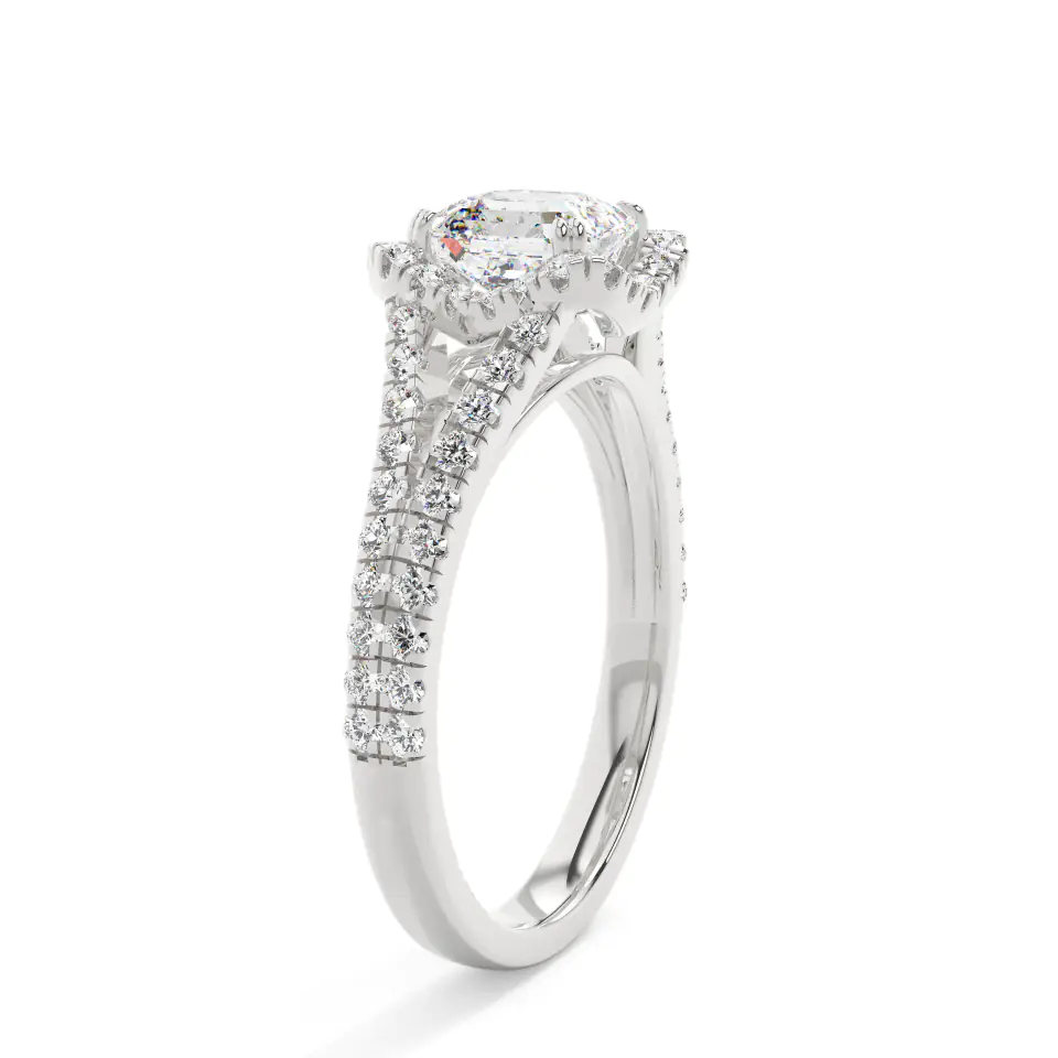 18k White Gold Asscher Split Shank Halo Engagement Ring