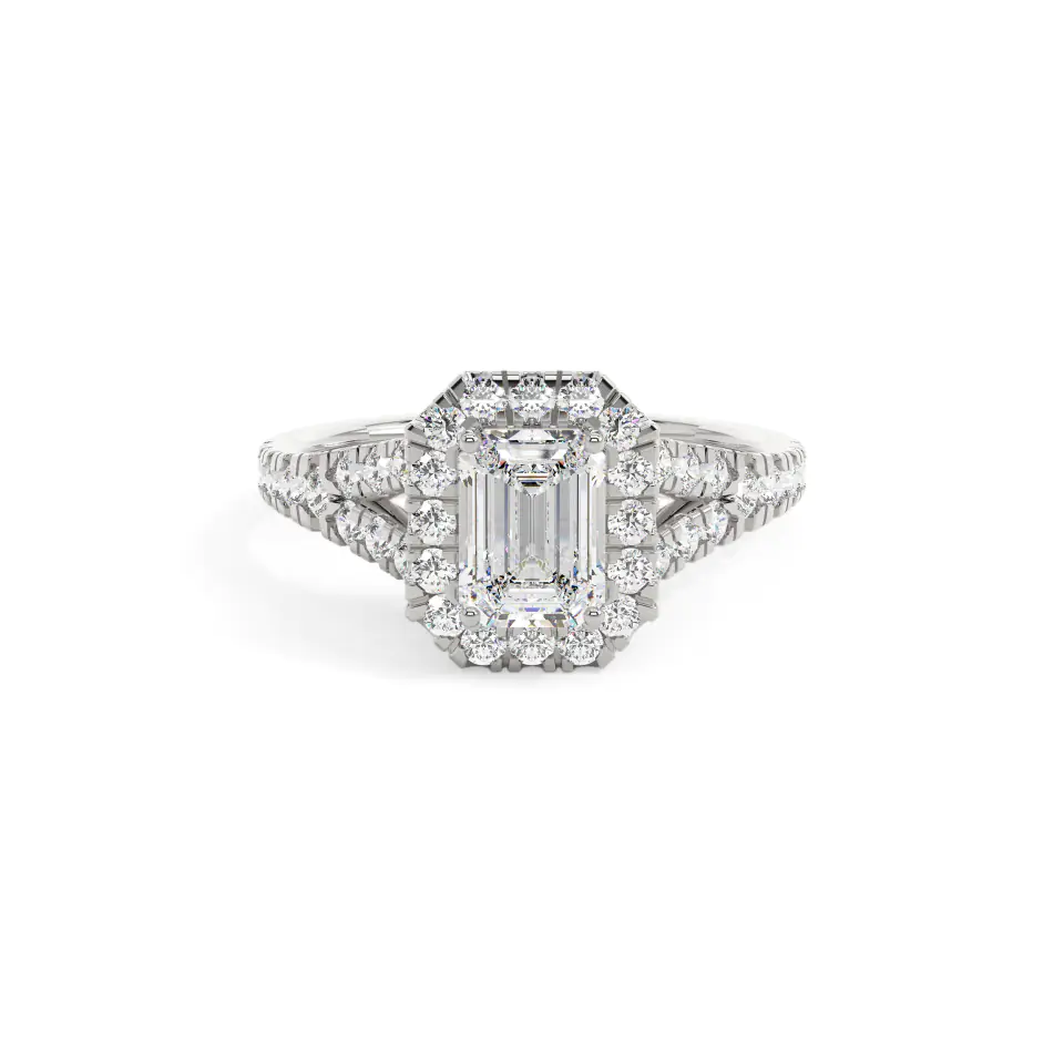 18k White Gold Emerald Prong Setting Halo Engagement Ring